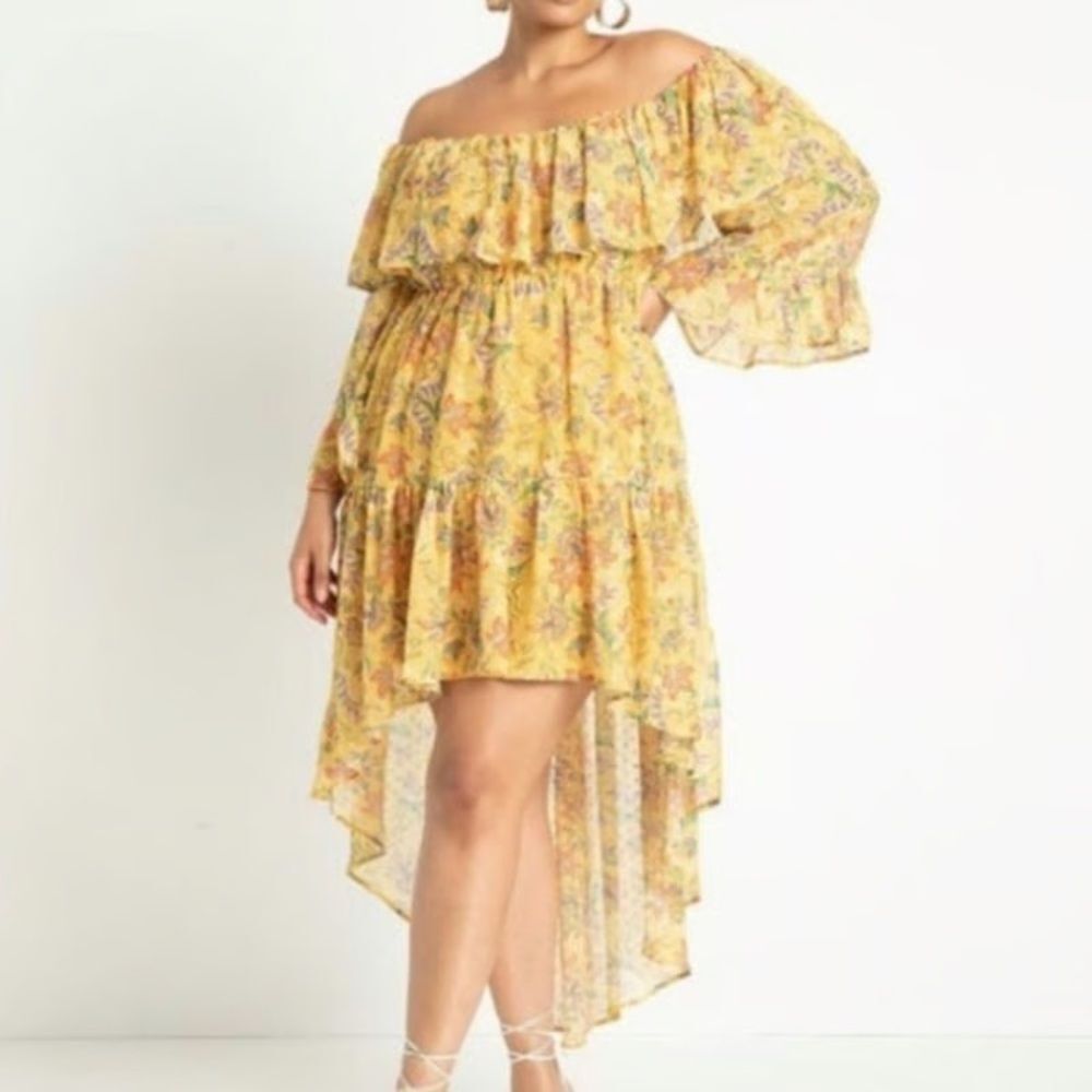 Eloquii Floral Yellow Ruffled Off Shoulder High-Low Dress Size 16
